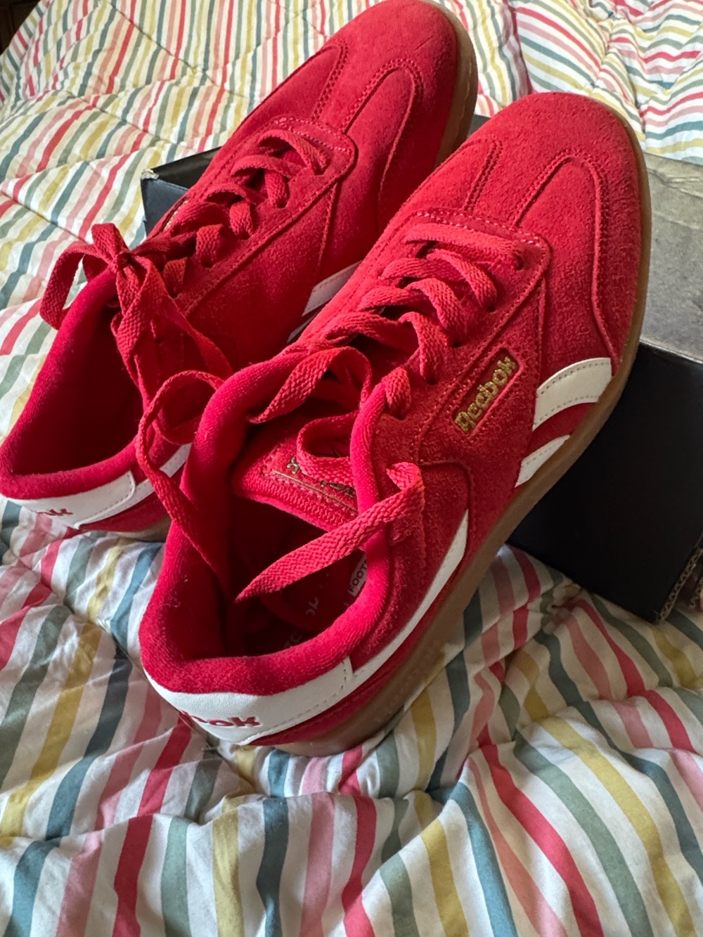 Reebok Red Suede Sneakers with White Stripes and Gum Sole